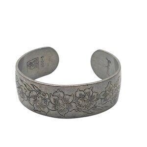 Handcrafted Pewter Floral Engraved Cuff Bracelet By Kirk Jonquil March Vintage